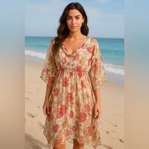 TAMSY Cream Floral Chiffon Kaftan Cover Up One Size Boho Beach Kimono
